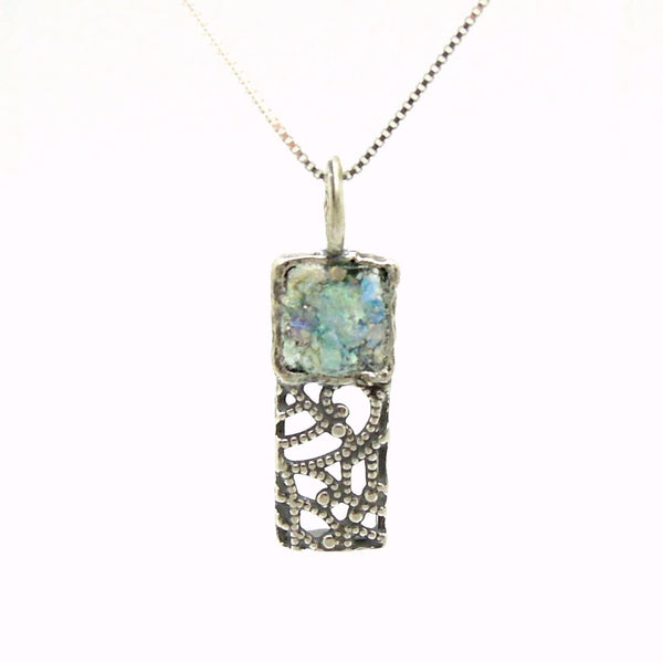 Earrings - Silver Dangle Earrings, Filigree Lace Design With Roman Glass