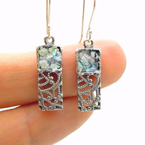 Earrings - Silver Dangle Earrings, Filigree Lace Design With Roman Glass