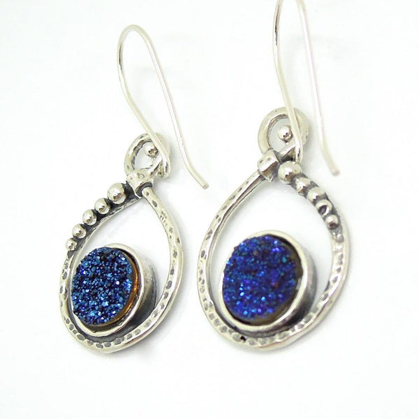 Earrings - Silver Earrings With Blue Druzy Agate