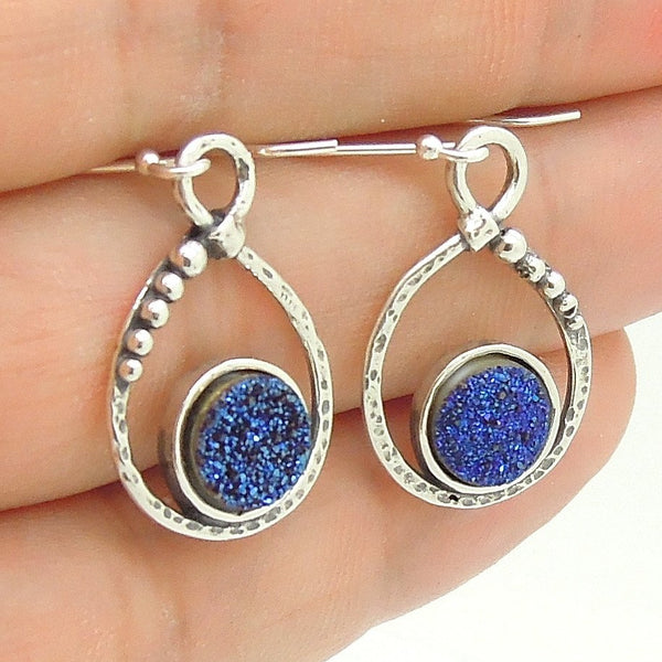 Earrings - Silver Earrings With Blue Druzy Agate