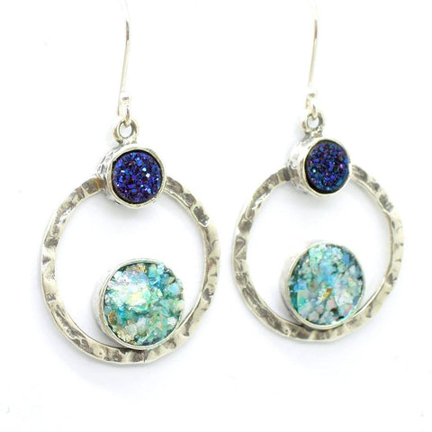 Earrings - Silver Earrings With Blue Druzy Agate & Roman Glass