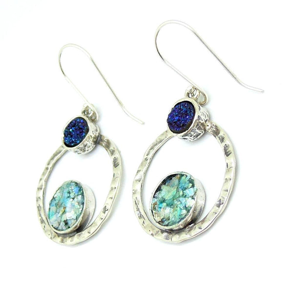 Earrings - Silver Earrings With Blue Druzy Agate & Roman Glass