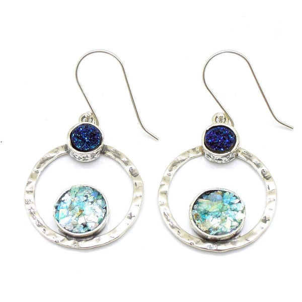 Earrings - Silver Earrings With Blue Druzy Agate & Roman Glass