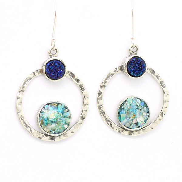Earrings - Silver Earrings With Blue Druzy Agate & Roman Glass
