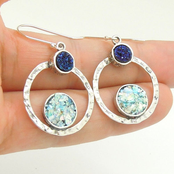 Earrings - Silver Earrings With Blue Druzy Agate & Roman Glass