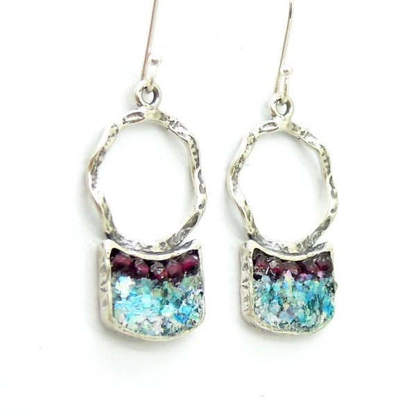Earrings - Silver Earrings With Garnet  Beads And Roman Glass