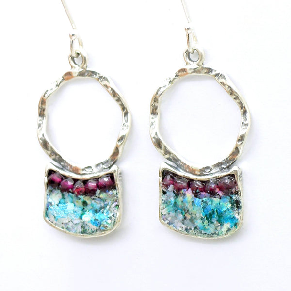 Earrings - Silver Earrings With Garnet  Beads And Roman Glass