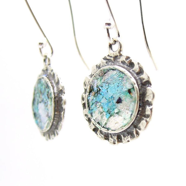 Earrings - Silver Earrings With Roman Glass Hammered Edges
