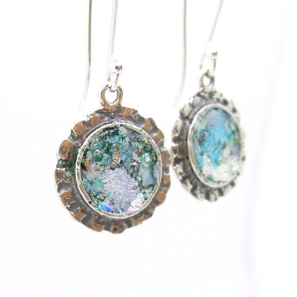 Earrings - Silver Earrings With Roman Glass Hammered Edges