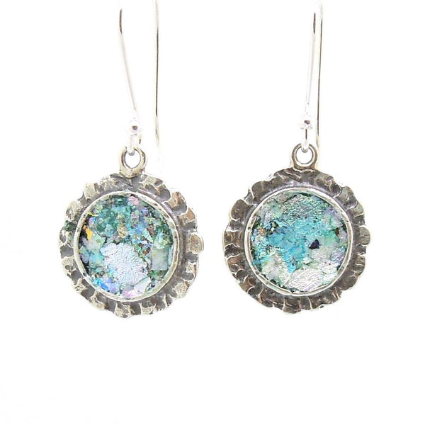 Earrings - Silver Earrings With Roman Glass Hammered Edges