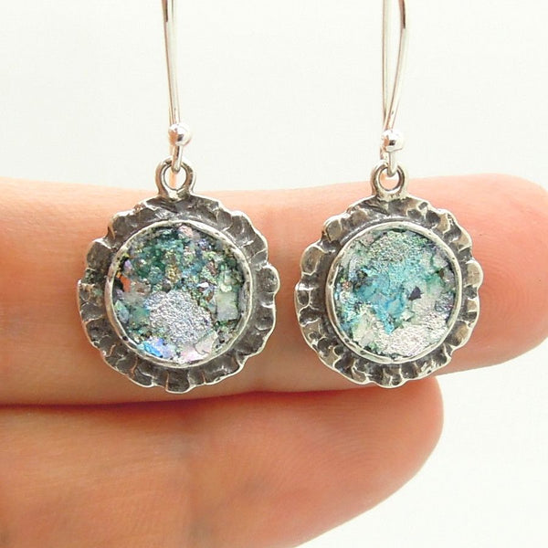 Earrings - Silver Earrings With Roman Glass Hammered Edges