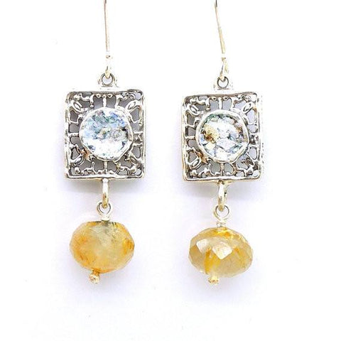 Earrings - Silver Earrings With Roman Glass & Rutile Quartz