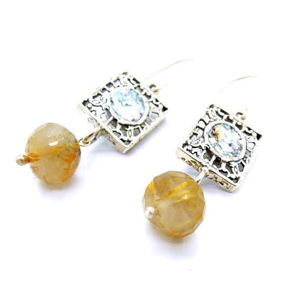 Earrings - Silver Earrings With Roman Glass & Rutile Quartz
