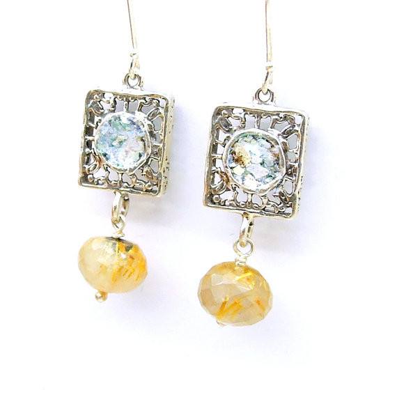 Earrings - Silver Earrings With Roman Glass & Rutile Quartz