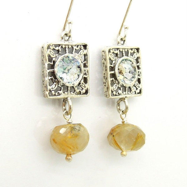 Earrings - Silver Earrings With Roman Glass & Rutile Quartz