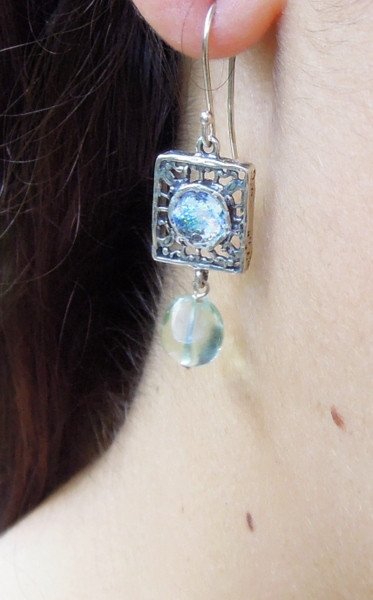 Earrings - Silver Earrings With Roman Glass & Rutile Quartz