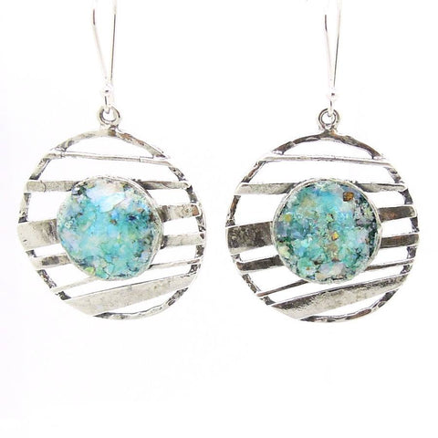 Earrings - Silver Earrings With Roman Glass Silver Lines Across