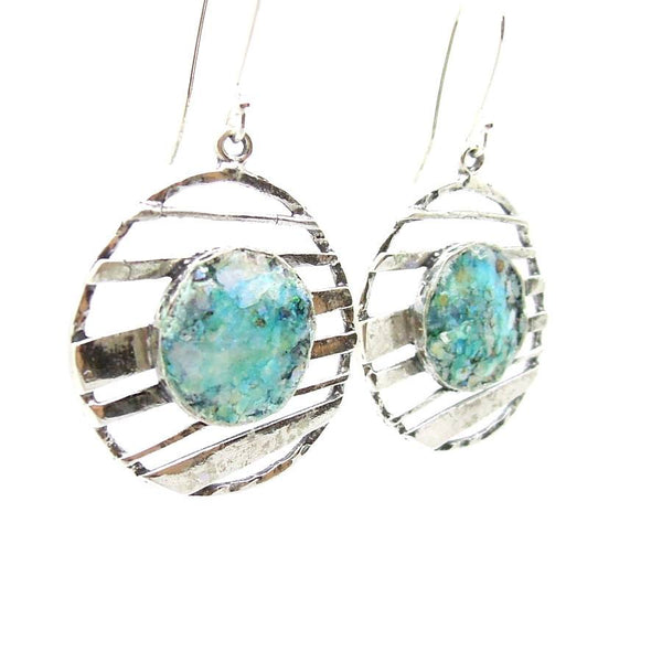 Earrings - Silver Earrings With Roman Glass Silver Lines Across