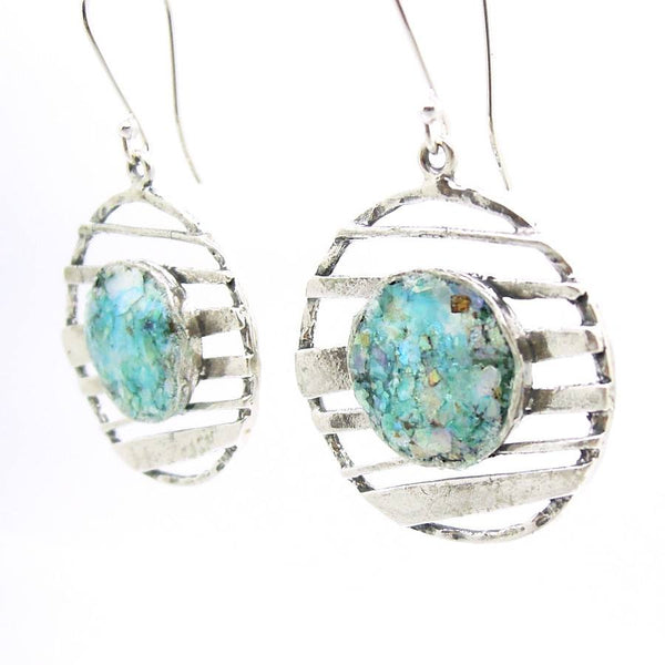 Earrings - Silver Earrings With Roman Glass Silver Lines Across