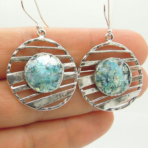 Earrings - Silver Earrings With Roman Glass Silver Lines Across