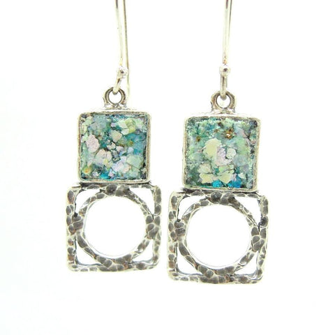 Earrings - Silver Earrings With Roman Glass, Square & Round