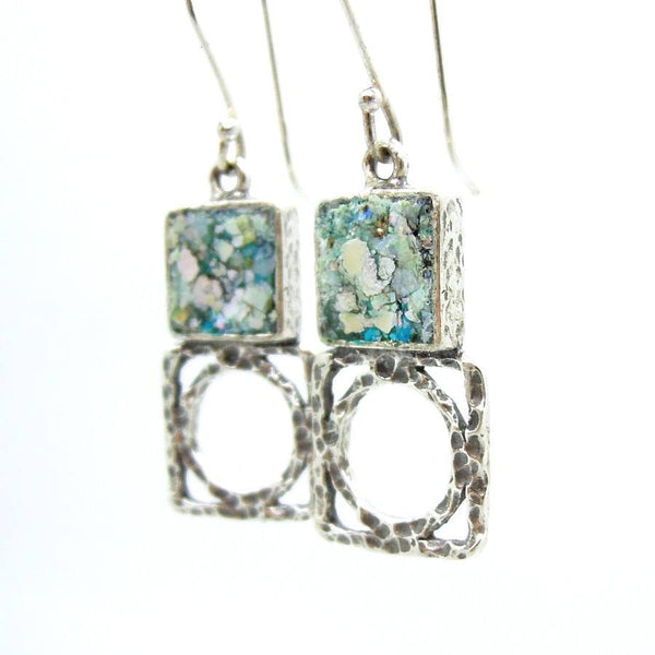 Earrings - Silver Earrings With Roman Glass, Square & Round