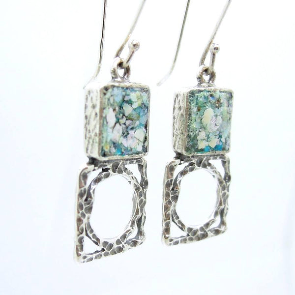 Earrings - Silver Earrings With Roman Glass, Square & Round