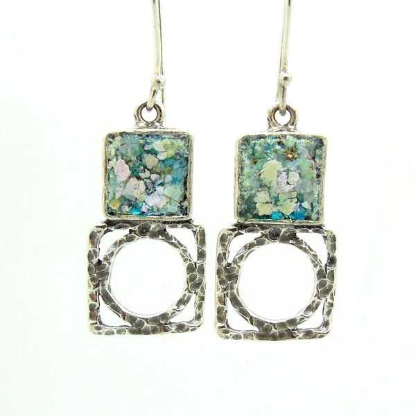 Earrings - Silver Earrings With Roman Glass, Square & Round