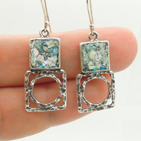 Earrings - Silver Earrings With Roman Glass, Square & Round
