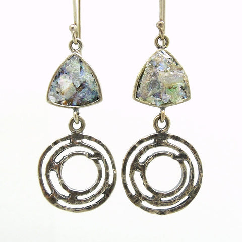 Earrings - Silver Earrings With Roman Glass Triangle And Circles