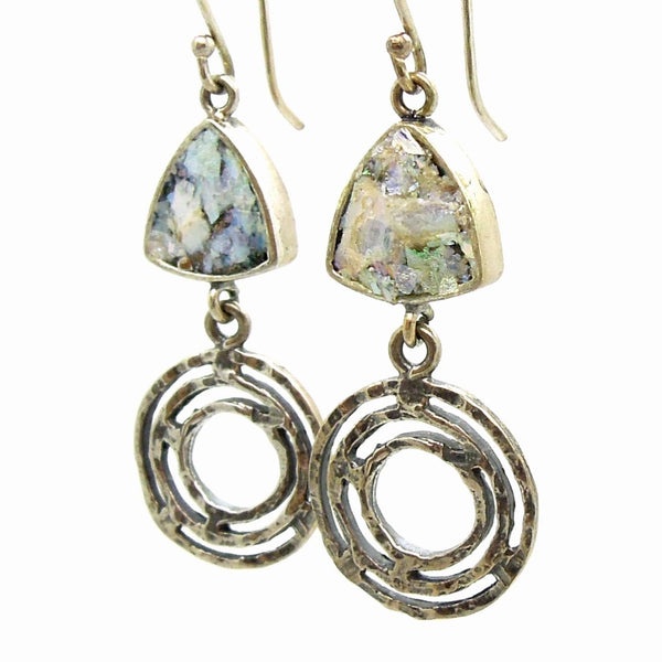 Earrings - Silver Earrings With Roman Glass Triangle And Circles