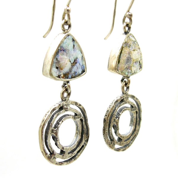 Earrings - Silver Earrings With Roman Glass Triangle And Circles