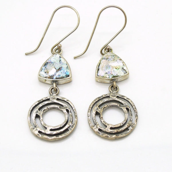 Earrings - Silver Earrings With Roman Glass Triangle And Circles