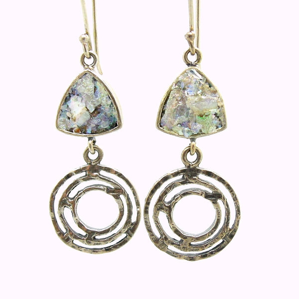 Earrings - Silver Earrings With Roman Glass Triangle And Circles