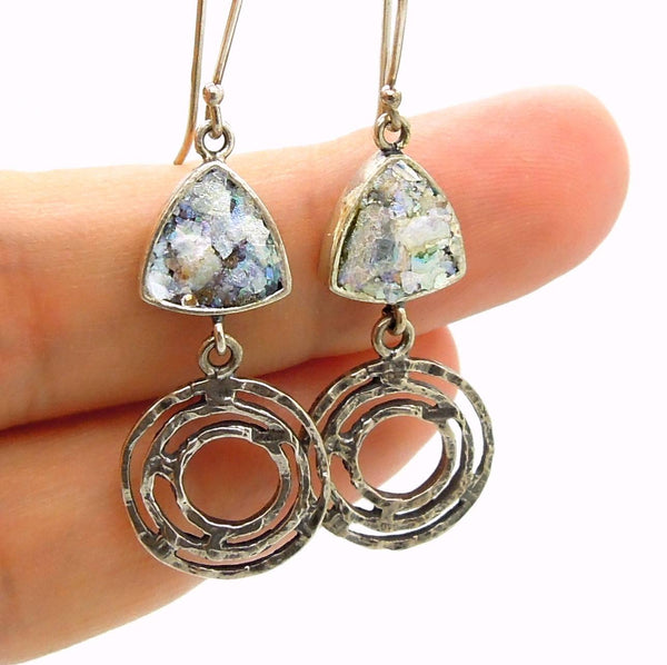 Earrings - Silver Earrings With Roman Glass Triangle And Circles