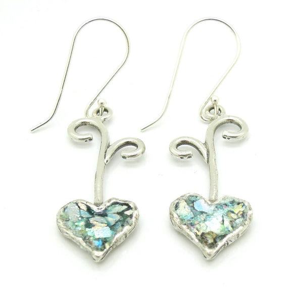Earrings - Silver Heart Shaped Dangle Earrings With Roman Glass