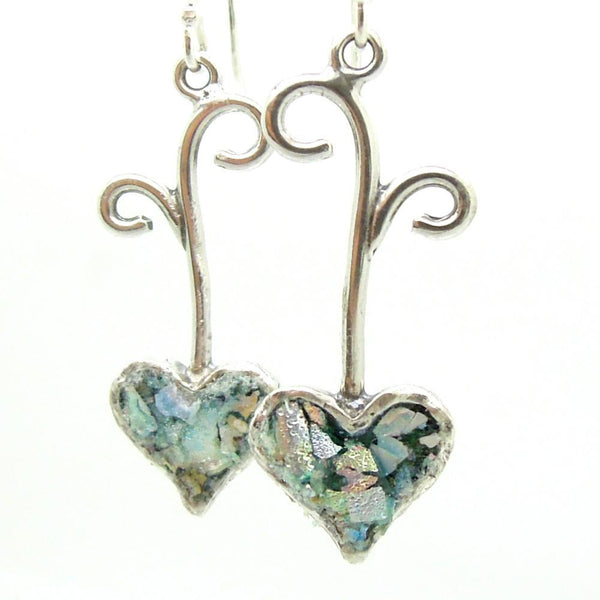 Earrings - Silver Heart Shaped Dangle Earrings With Roman Glass