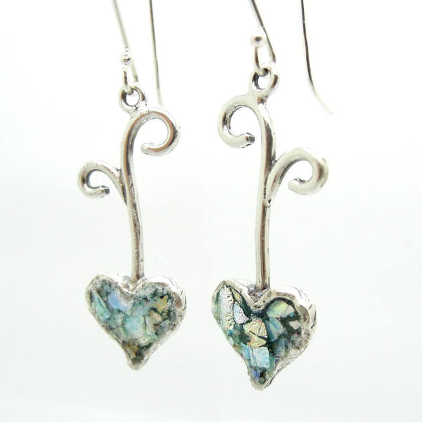 Earrings - Silver Heart Shaped Dangle Earrings With Roman Glass