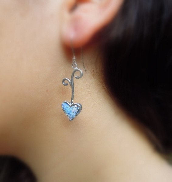 Earrings - Silver Heart Shaped Dangle Earrings With Roman Glass