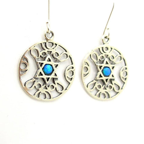 Earrings - Silver Pendant With Star Of David And An Opal At The Center
