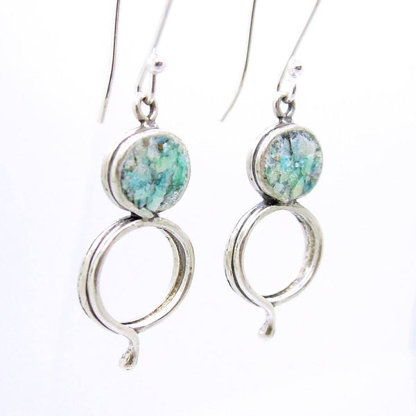 Earrings - Silver & Roman Glass Dangle Earrings
