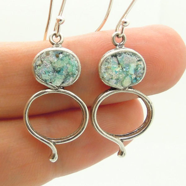 Earrings - Silver & Roman Glass Dangle Earrings