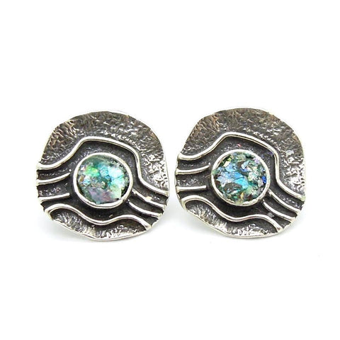 Earrings - Silver & Roman Glass Earrings Stud Curvy Design