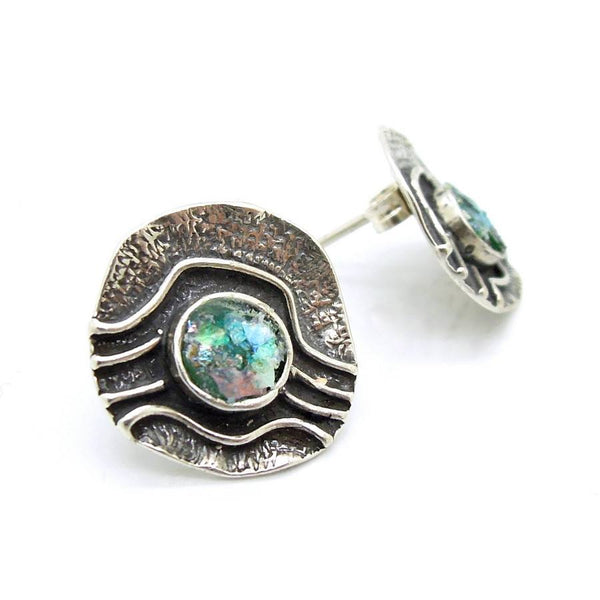 Earrings - Silver & Roman Glass Earrings Stud Curvy Design