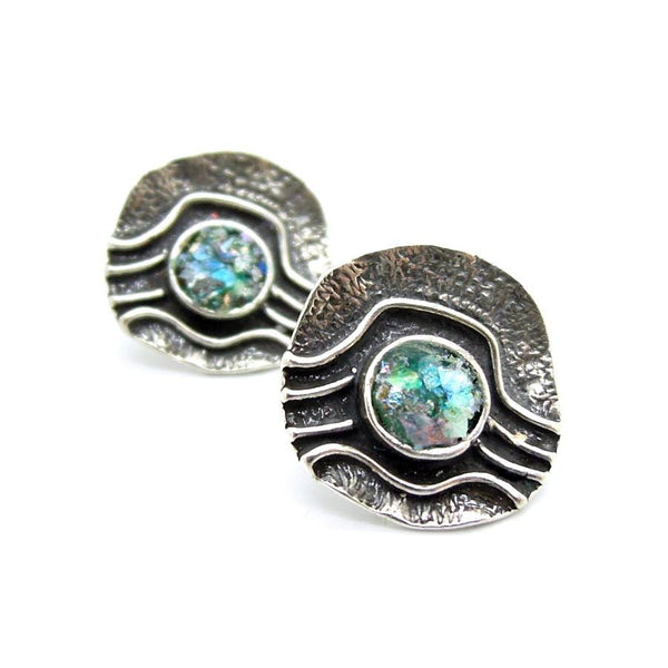 Earrings - Silver & Roman Glass Earrings Stud Curvy Design
