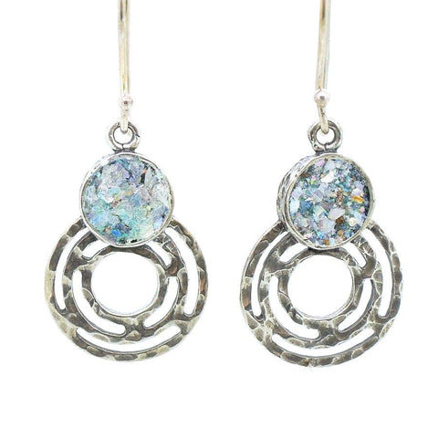 Earrings - SIlver & Roman Glass Earrings With Circles At The Bottom