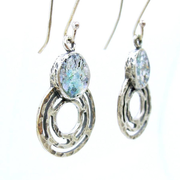Earrings - SIlver & Roman Glass Earrings With Circles At The Bottom