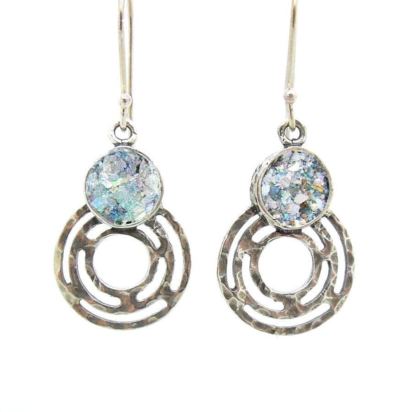 Earrings - SIlver & Roman Glass Earrings With Circles At The Bottom