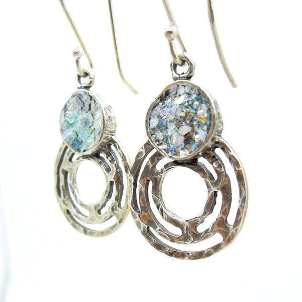 Earrings - SIlver & Roman Glass Earrings With Circles At The Bottom