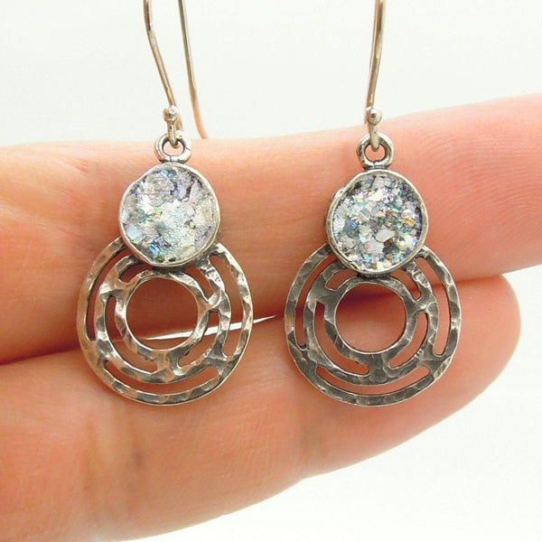 Earrings - SIlver & Roman Glass Earrings With Circles At The Bottom